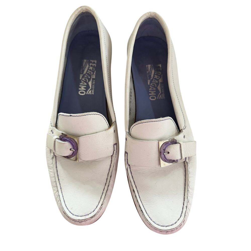 Ferragamo White Leather Moccasin Driving Loafer Gancini Logo Preppy Old Money